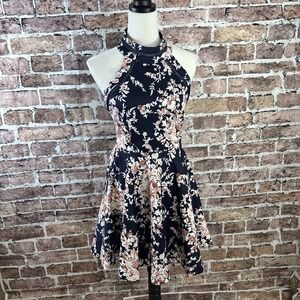 B. Darlin Navy‎ Blue Floral Halter Neck Fit & Flare Dress - Size 9/10